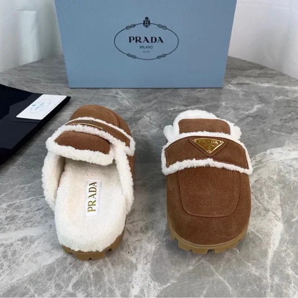 Prada Tan Suede Slippers with White Trim - Picture 6 of 8